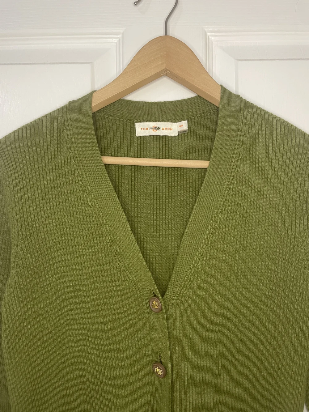 Tory Burch Merino Wool Olive Green Ribbed V-Neck Cardigan Size S
